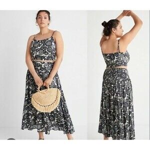 Anthropologie Daisie Midi Skirt Size Medium Midnight Blue Boho Lined Rouched